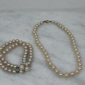 Marvella Faux Pearl Double Strand Flower Clasp Bracelet and Necklace Choker set